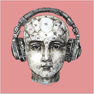 Phrenology head with headphones. Posters and Art