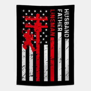 Husband Father Lineman Funny Quote USA American Flag Tapestry