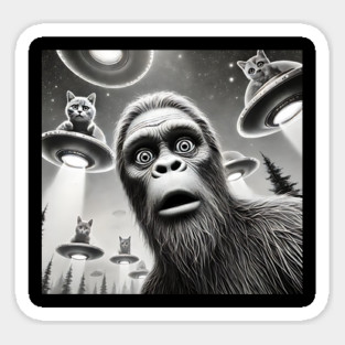 Sasquatch Bigfoot Selfie with Cats on Flying Saucers UFOs Sticker