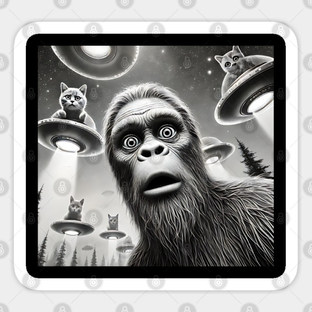 Sasquatch Bigfoot Selfie with Cats on Flying Saucers UFOs Sticker by Luxinda