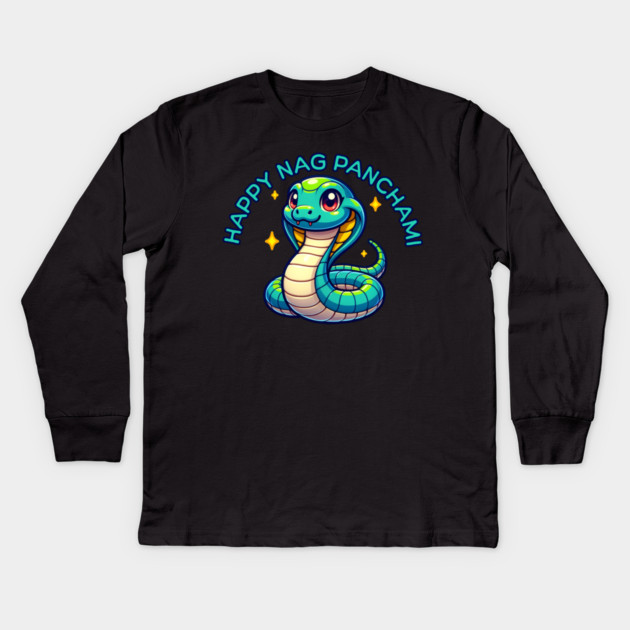 Cute Naga Panchami Blue Cobra Kids Long Sleeve T-Shirt by HolidayBug