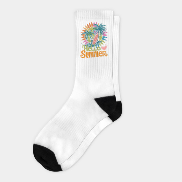 Hawaii Beach Vacation Palm Retro Sunset with Surfing Wave Socks by JessArty