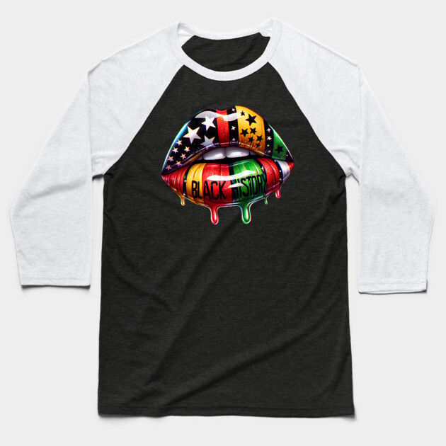 Black History lips Pan African Colors Baseball T-Shirt by UrbanLifeApparel