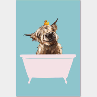 Playful Highland Cow in Bathtub Posters and Art