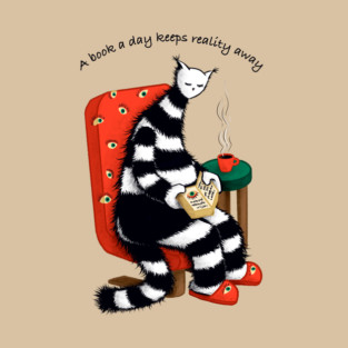 A Book A Day Keeps Reality Away - Cat Lover Art T-Shirt