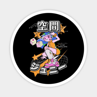 Star Gambler T-Shirt: Futuristic Anime Girl Dice Thrower - Manga Streetwear Tee Magnet