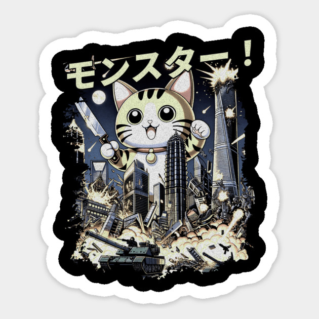 Giant Cat Rampage T-Shirt: Retro Style Monster Cat vs City Sticker by Designed By Marty