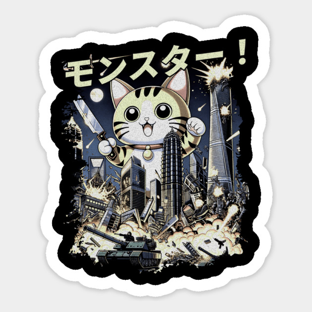 Giant Cat Rampage T-Shirt: Retro Style Monster Cat vs City Magnet by Designed By Marty