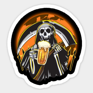 Death Riper holding a Beer Mug & Scythe Funny Halloween Sticker