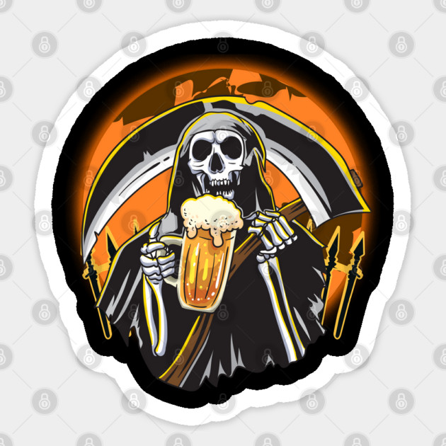 Death Riper holding a Beer Mug & Scythe Funny Halloween Sticker by creative