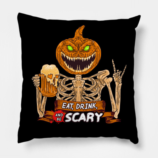 Eat, Drink & Be Scary Creepy Jack O Lantern Halloween Pillow by creative