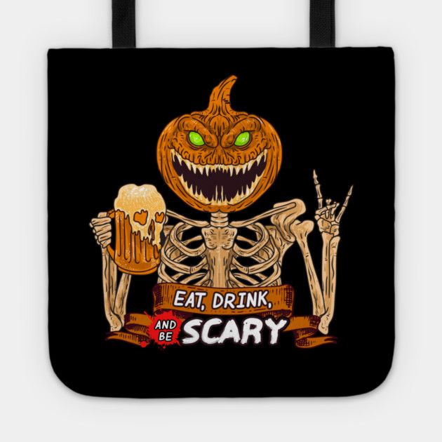Eat, Drink & Be Scary Creepy Jack O Lantern Halloween Tote by creative