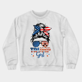 Trump Girl Messy Bun Bandana Sunglasses American Flag Trump 2024 Supporters Gifts Crewneck Sweatshirt