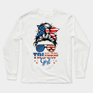 Trump Girl Messy Bun Bandana Sunglasses American Flag Trump 2024 Supporters Gifts Long Sleeve T-Shirt