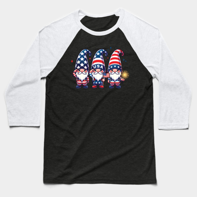 Patriotic Gnomes Happy 4th of July Baseball T-Shirt by Happy Solstice