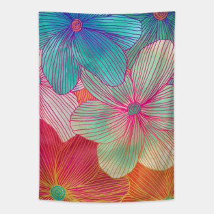 Between the Lines 2 - tropical flowers in purple, pink, blue & orange Tapestry