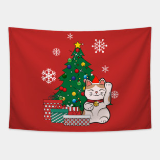 Lucky Cat Around The Christmas Tree Tapestry