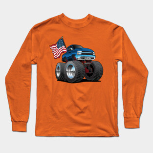 Monster Pickup Truck with USA Flag Cartoon Long Sleeve T-Shirt