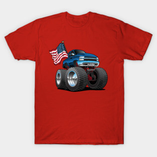 Monster Pickup Truck with USA Flag Cartoon T-Shirt