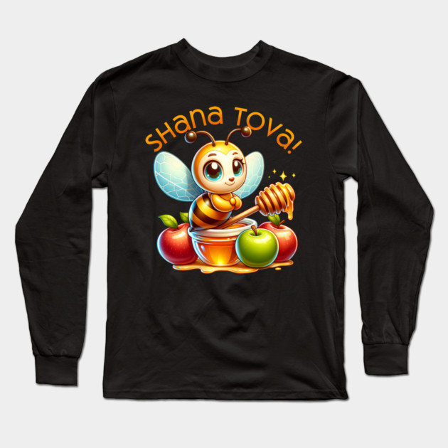 Cute Shana Tova Honey Bee with Apples Long Sleeve T-Shirt by HolidayBug