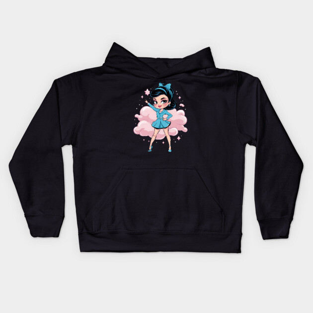 stylized cartoon  of Anime princess with large eyes, blue hair, and ballet attire, wearing a tiara Kids Hoodie by animegirlnft