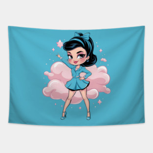 stylized cartoon  of Anime princess with large eyes, blue hair, and ballet attire, wearing a tiara Tapestry