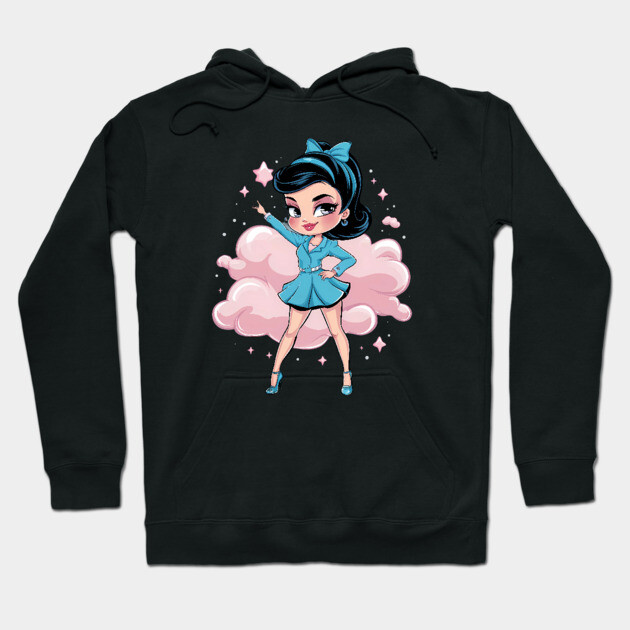 stylized cartoon  of Anime princess with large eyes, blue hair, and ballet attire, wearing a tiara Hoodie by animegirlnft