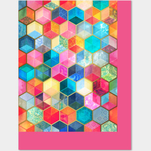 Crystal Bohemian Honeycomb Cubes - colorful hexagon pattern Posters and Art