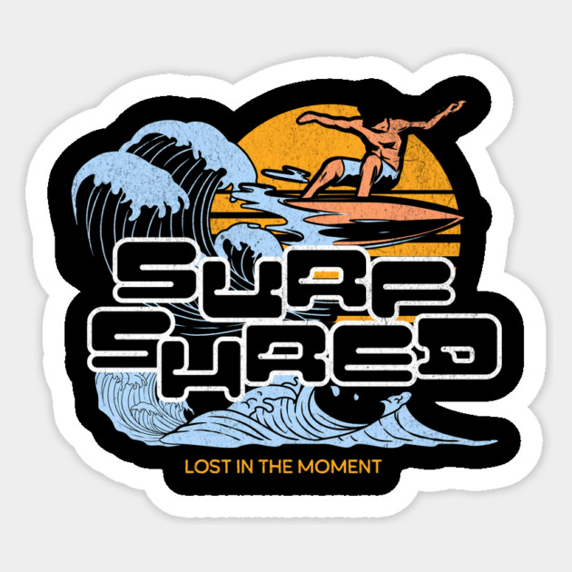Surf Shred T-Shirt: Surfer with Retro Sunset - Wave Riding Tee Sticker by Designed By Marty