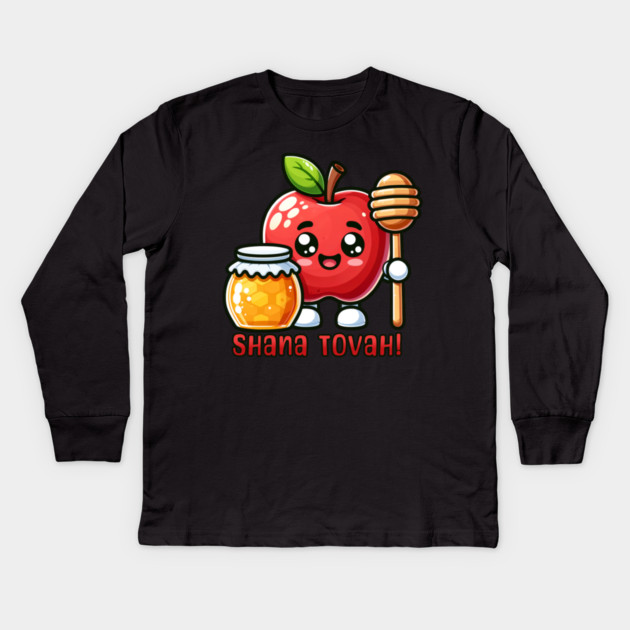 Shana Tova Kawaii Apple and Honey Kids Long Sleeve T-Shirt by HolidayBug