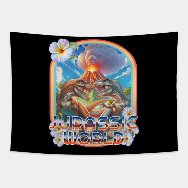 Jurassic Dinos battling with Volcano Erupting Vintage Hawaiian  Style Tapestry by Joaddo