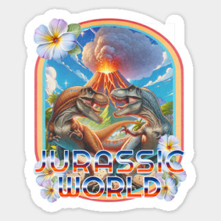 Jurassic Dinos battling with Volcano Erupting Vintage Hawaiian  Style Sticker