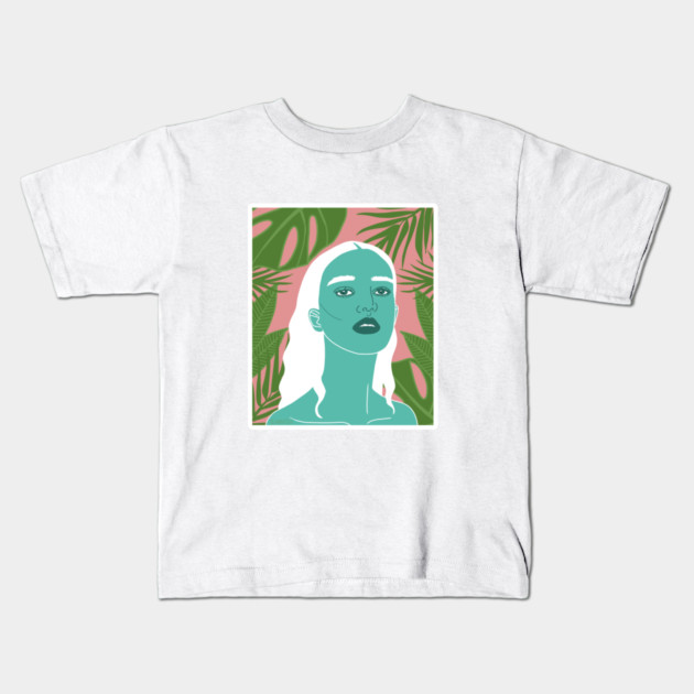 Tropical Woman Palm Leaves Kids T-Shirt by logiamerch