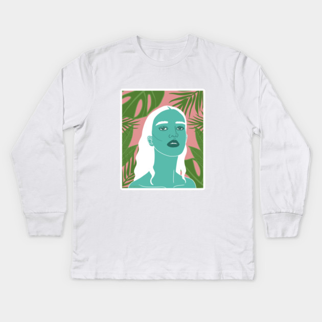 Tropical Woman Palm Leaves Kids Long Sleeve T-Shirt by logiamerch