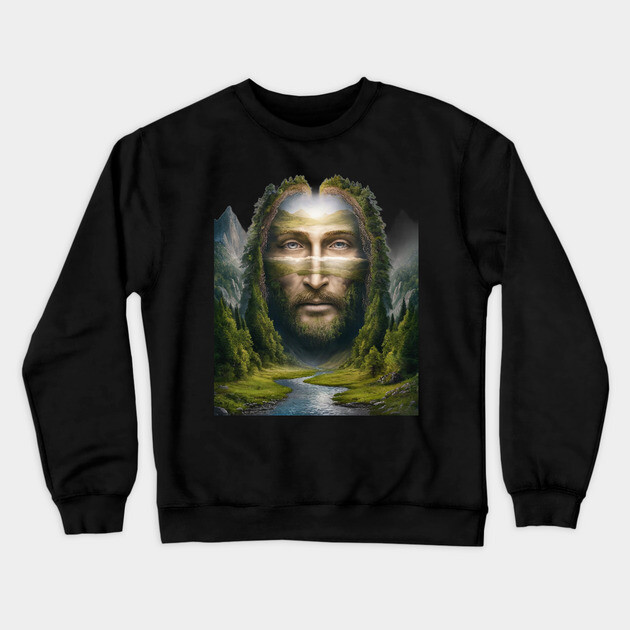 Jesus face scenic landscape mountains Crewneck Sweatshirt by animegirlnft
