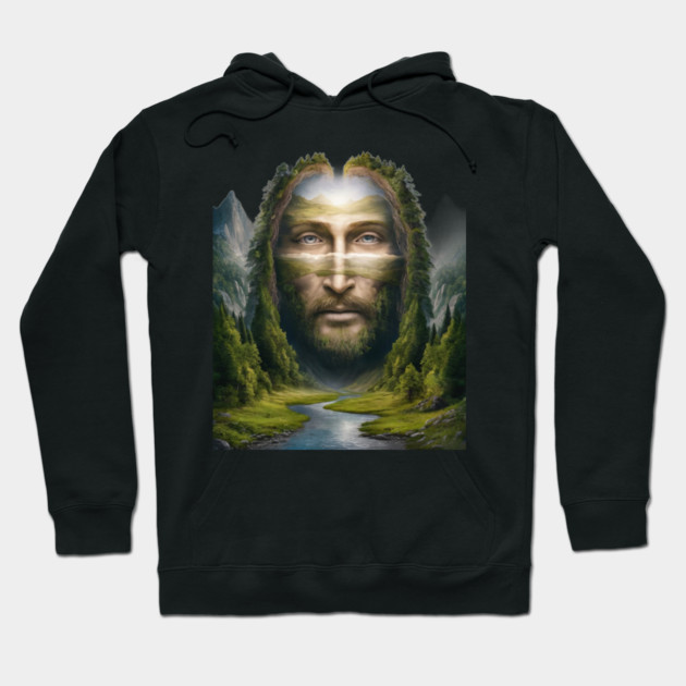 Jesus face scenic landscape mountains Hoodie by animegirlnft