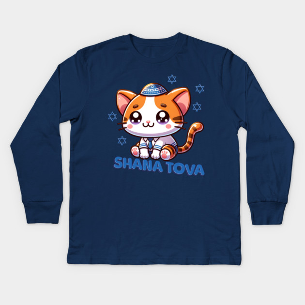 Cute Kitty Shana Tova Kids Long Sleeve T-Shirt by HolidayBug