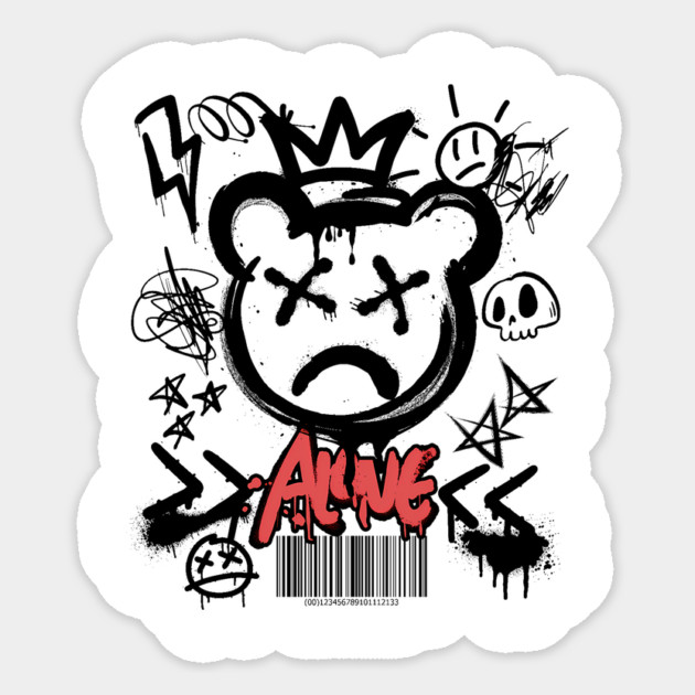 Alone Crowned Teddy Bear T-Shirt: Graffiti Style with Y2K Elements - Urban Art Tee Sticker by Designed By Marty