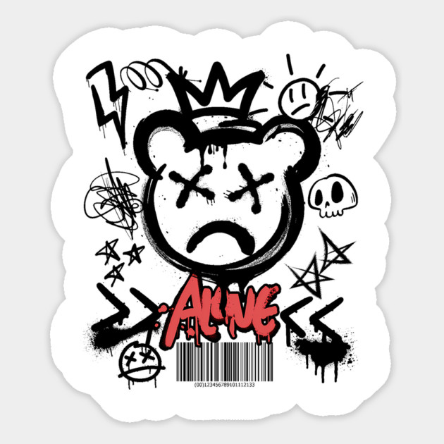 Alone Crowned Teddy Bear T-Shirt: Graffiti Style with Y2K Elements - Urban Art Tee Magnet by Designed By Marty