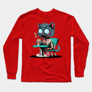 Coffee Loving Zombie Cat Long Sleeve T-Shirt