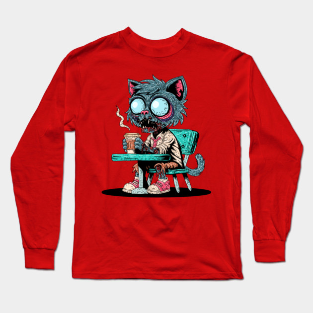 Coffee Loving Zombie Cat Long Sleeve T-Shirt by H. R. Sinclair