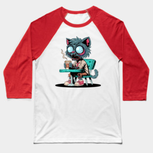 Coffee Loving Zombie Cat Baseball T-Shirt