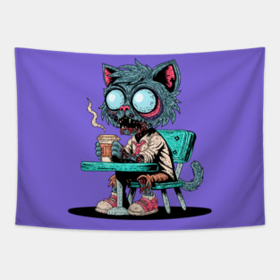Coffee Loving Zombie Cat Tapestry