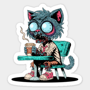 Coffee Loving Zombie Cat Sticker