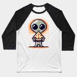 Funny Alien Eating Pizza, Cute Pixel Style Baseball T-Shirt