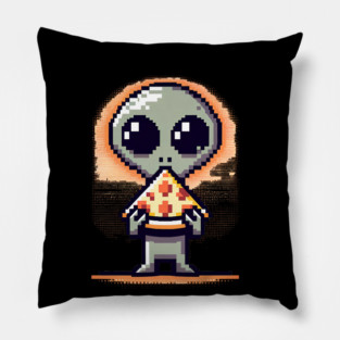 Funny Alien Eating Pizza, Cute Pixel Style Pillow