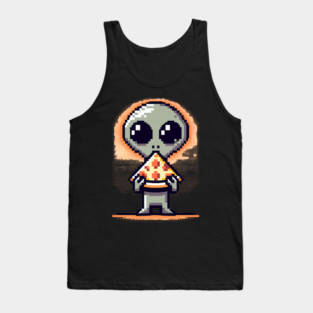 Funny Alien Eating Pizza, Cute Pixel Style Tank Top