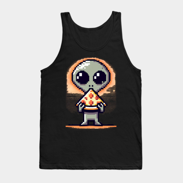 Funny Alien Eating Pizza, Cute Pixel Style Tank Top by logiamerch