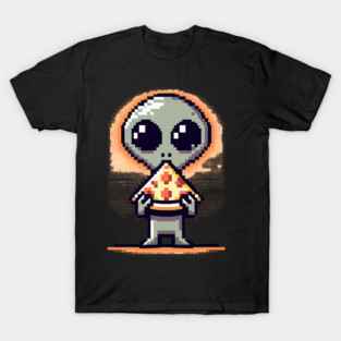 Funny Alien Eating Pizza, Cute Pixel Style T-Shirt