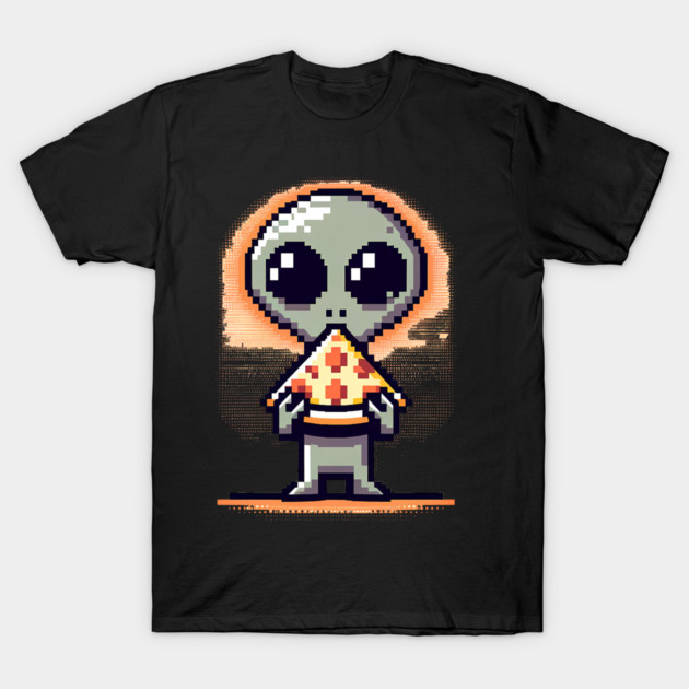 Funny Alien Eating Pizza, Cute Pixel Style T-Shirt by logiamerch